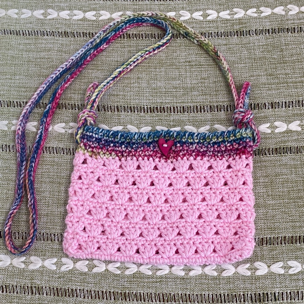 Handmade Pink Crochet Crossbody Bag with Multicolor Strap - Picture 1 of 2